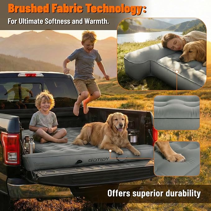 Truck Bed Mattress 5.5-5.8ft for Full-Size Pickup Fabric Texture Truck Bed Air Mattress Side Space for Stuff Customized for F150/Silverado/Ram1500 with Detachable Air Pump for Road Trips &amp Tra