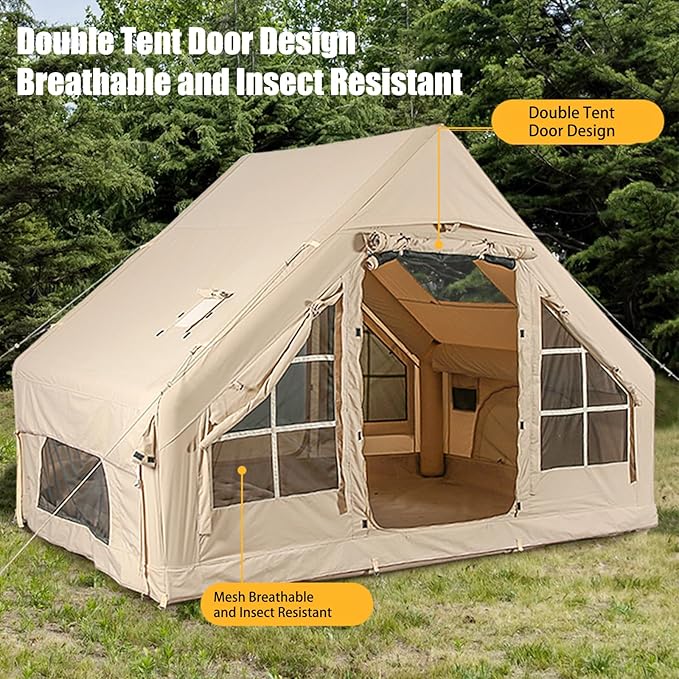 Inflatable Camping Tents with Hand Pump Air Glamping Tents Easy Setup Waterproof and Windproof Blow up Tent 4 Seasons Oxford Cabin Tent with Mesh &amp Chimney Window.