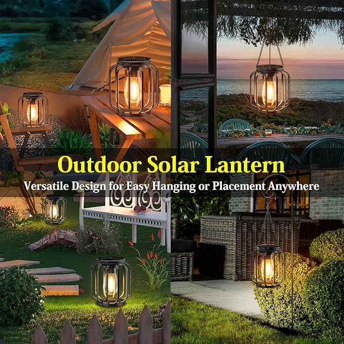 Solar Hanging Lanterns Outdoor: 2 Pack Metal Solar Hanging Lights with Hook Bright - Warm Waterproof LED Lanterns for Outside Classic Decorative Solar-Powered Light for Yard Garden Patio Porch Decor