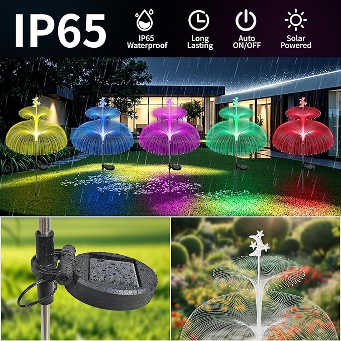 Solar Garden Lights Outdoor Solar Lights 7 Color Changing Jellyfish &amp Star Waterproof Solar Flower Lights for Garden Decor Yard Patio Lawn Pool Party Wedding Gifts for Women/Mothers - 6 Pac
