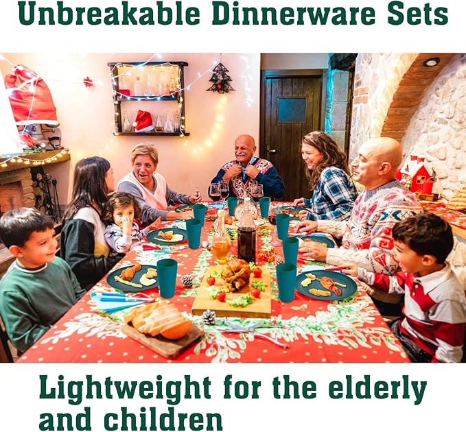 Green Unbreakable Plates and Bowls Sets Microwave and Dishwasher SafeDark Green Dinnerware Sets for 8Christmas Reusable Plastic Dishes Set Lightweight for Kids Elderly Kitchen Adults Camping Outdoor