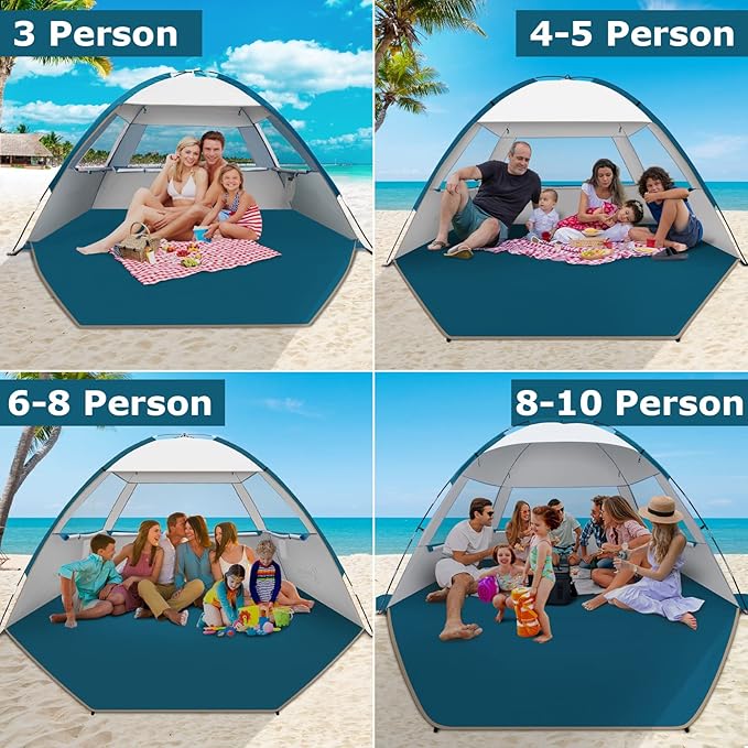 COMMOUDS Beach Tent Sun Shade for 3/4/6/8 Person UPF 50+ Beach Sun Shelter Canopy Tent Lightweight Easy Set Up and Carry