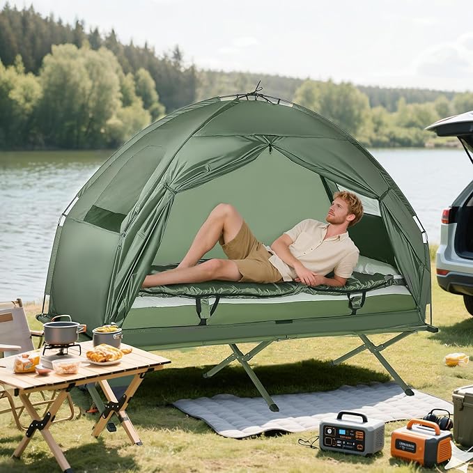 Outsunny Camping Tent Cot Folding Tent Cot Combo with Mattress Pillow Sleeping Bag Roller Carrying Bag Off Ground Travel Camp Cot for Hiking Backpacking