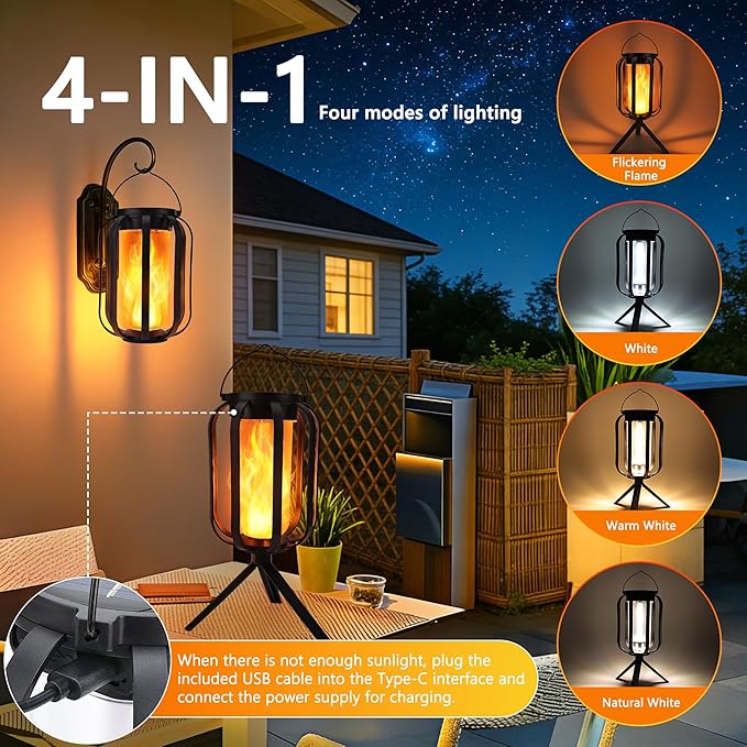 Toodour Solar &amp Battery Powered Lantern Outdoor Lights 2 Pack Black LED Lantern with 4 Modes Waterproof Rechargeable Hanging Solar Lights for Camping Patio Garden Yard Outdoor Decor