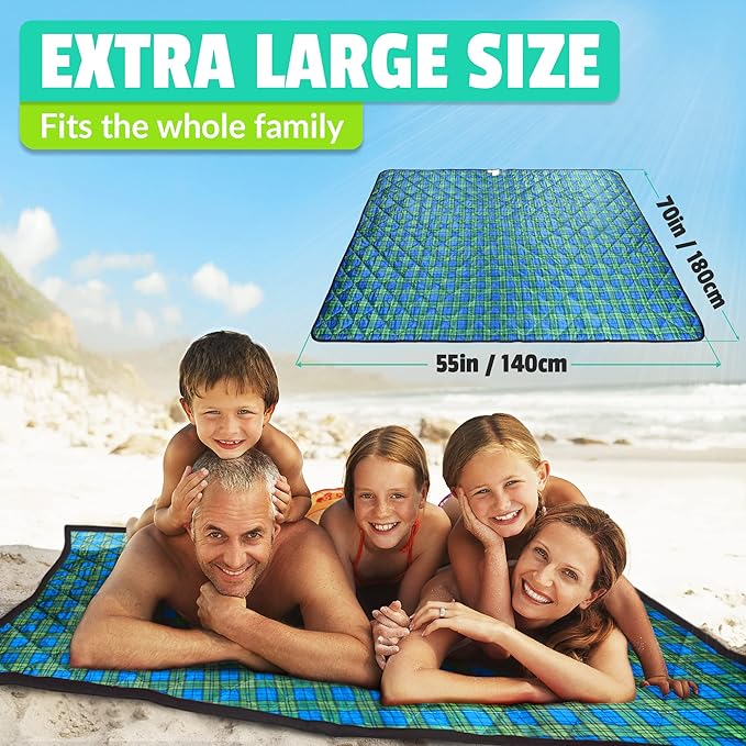 Beach Blanket Sand Proof &amp Outdoor Picnic Blanket - Water Resistant Large Mat for Camping or Travel. Washable Foldable Easy Carry Compact Tote Bag (Green/Blue Plaid)