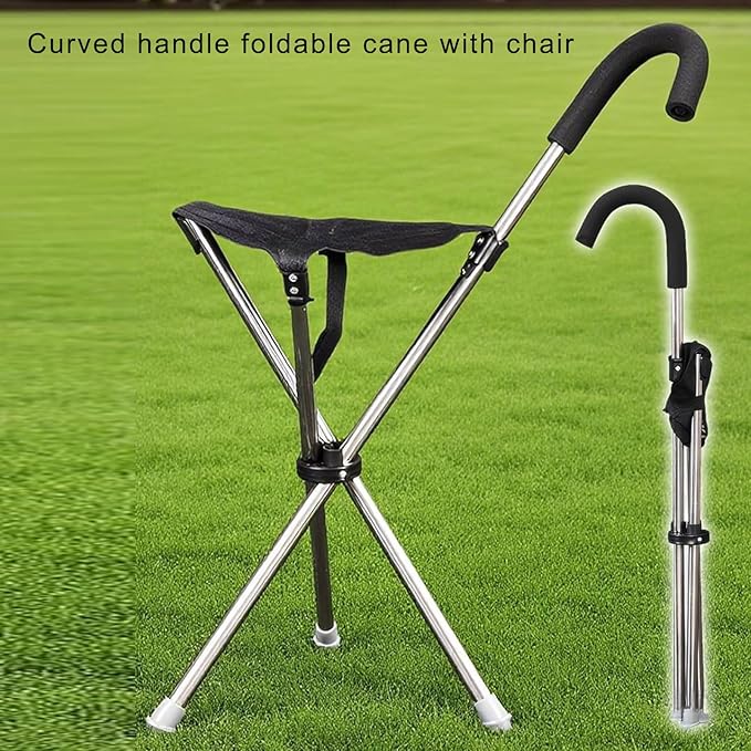 Portable Walking Stick Seat with 3-Leg Stability &amp Anti-Slip Pad for Hiking Fishing and Senior Light Weight Trekkings Rod Chair