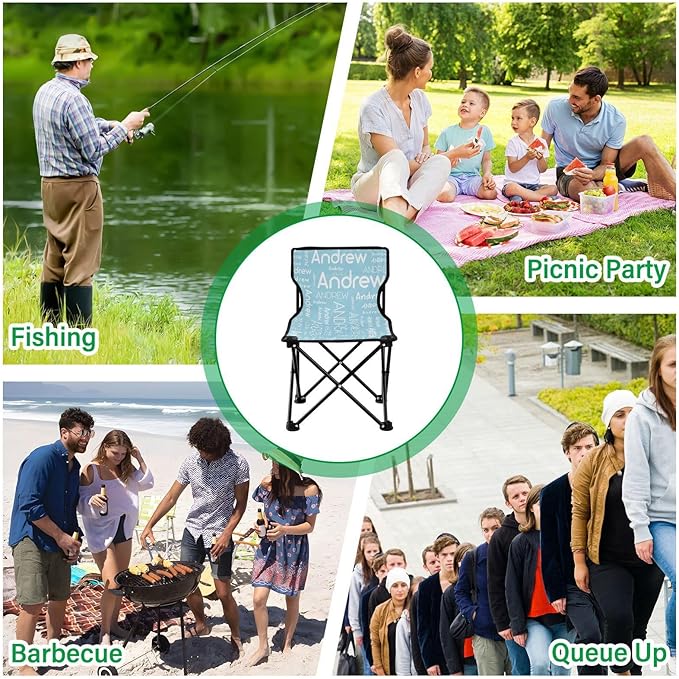 Sinestour Pale Blue Custom Folding Camping Chair for Teen Child Personalized Name 14.6×14.6in Portable Outdoor Chair with Carry Bag for Picnic Barbeques Beach