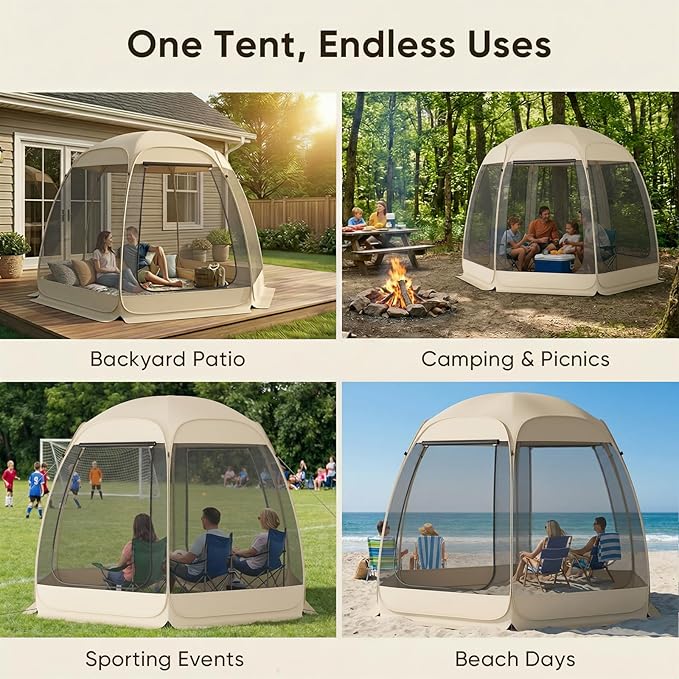 TABU Pop Up Screen House Tent 10x10 FT Screen Room Canopy with Mosquito Mesh Instant UV Resistant Shelter with Carry Bag for 6-8 Person Beige