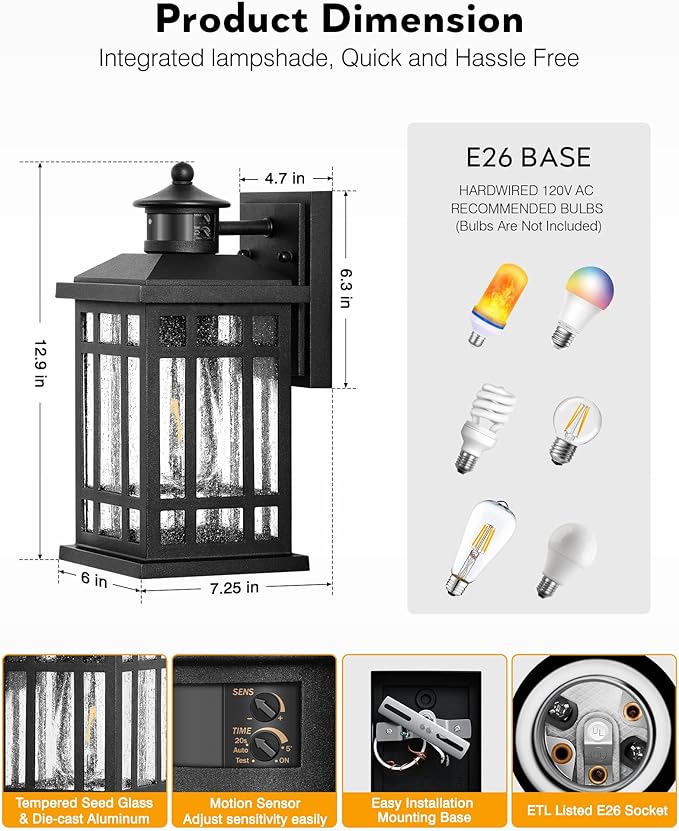 Motion Sensor Outdoor Light Adjustable Sensing Range 2 Pack Black Dusk to Dawn Exterior Lighting Fixtures with Seed Glass Aluminum Anti-Rust Outside Lights for House Garage Doorway Garden