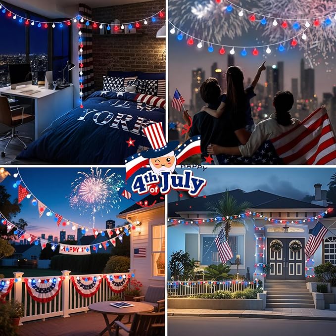 Connectable Red White and Blue String Lights Outdoor Indoor 42FT 100LED 4th of July Decorations Plug in with Timer 13 Modes Patriotic Globe Waterproof Fairy Lights for Independence Day Memorial Day
