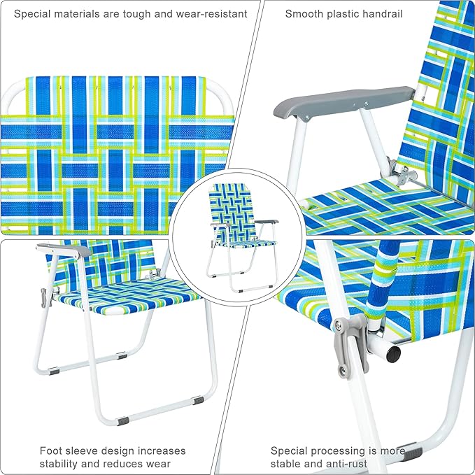 Bonnlo Foldable Patio Chair Set of 2 Heavy-Duty Steel Frame Supports 265 lbs/120 kg Ultra-Lightweight Portable for Travel Poolside Camping Beach (Green and Blue Crisscross Weave)