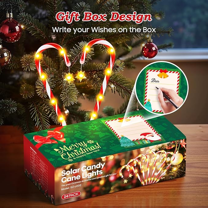 24 Pack Upgraded Solar Candy Cane Lights Outdoor Christmas Decorations Outdoor Solar Christmas Pathway Lights Waterproof with USB Charging 10 Modes for Yard Garden Lawn Path Walkway Party Xmas Decor