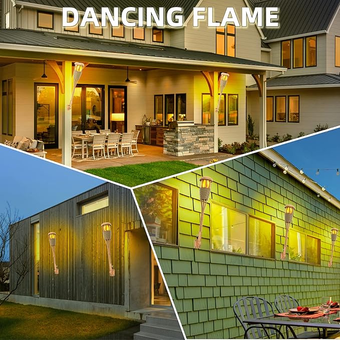Upgraded Flickering Flames Solar Powered Lights - Solar Torches Waterproof Outdoor Decorative Lighting Handmade Bamboo Finish 2-Pack