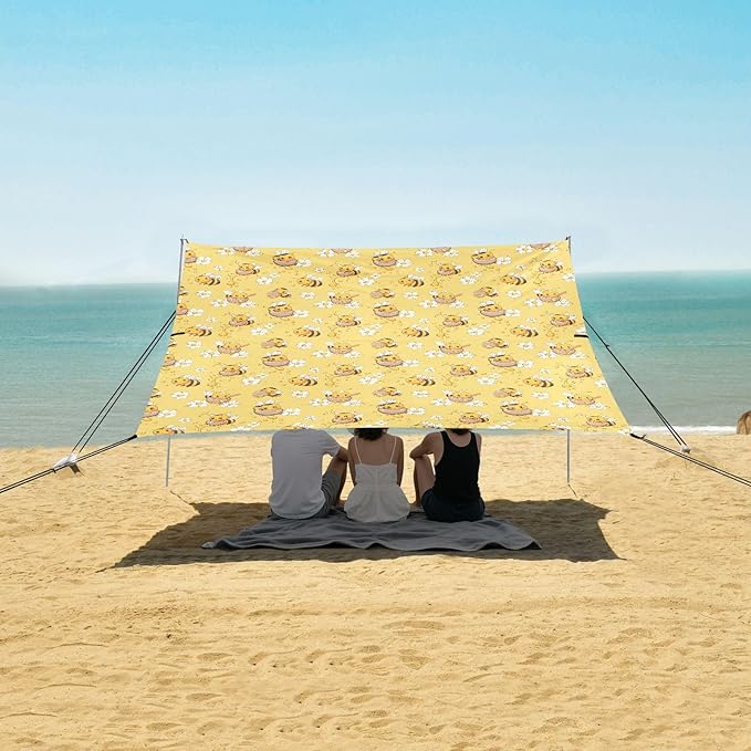 ALAZA Cute Bee Flower Beach Tent Sun Shelter UPF50+ Protection Beach Shade Canopy w/ 4 Sandbags for Outdoor Camping Fishing Backyard Fun Picnic 10x9 ft