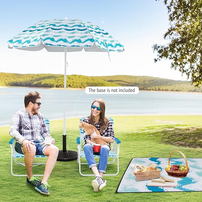 GYMAX Beach Chair with Umbrella Set of 4 Including 2 Folding Chairs Blanket Adjustable Parasol &amp Carry Bag Camping Chairs with Sunshade for Beach Patio Poolside Deck Lawn Picnic