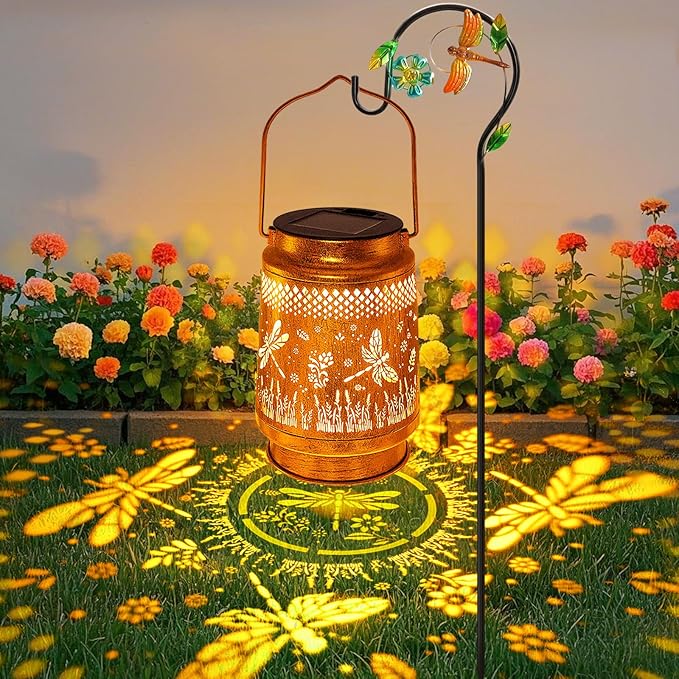 Solar Lanterns Outdoor Waterproof Dragonfly Garden Decor Gifts for Women Mom Grandma Birthday Hanging Solar Lights Metal LED Decoration with Shepherd Hook Outside for Yard Patio Lawn Porch