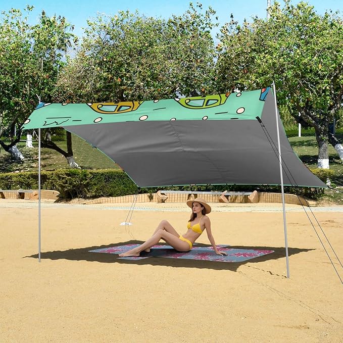 Cartoon Cute Cars Camping Sun Shelter Beach Tent Portable Beach Sun Shade Outdoor Canopy for Camping Trips Fishing Picnic