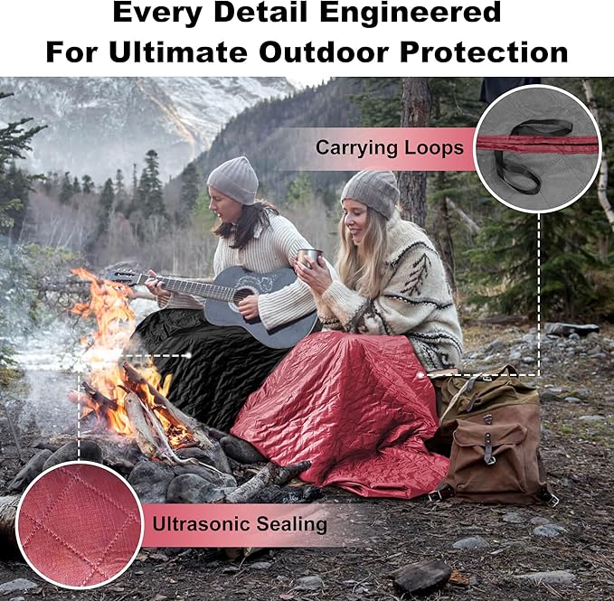 Waterproof Outdoor Blanket 82”X 55” Packable Stadium Blankets for Camping with Quilted Fleece Lining Large Windproof Emergency Throw Mat for Garss Picnic Hiking Road Trip Machine Washable Wine