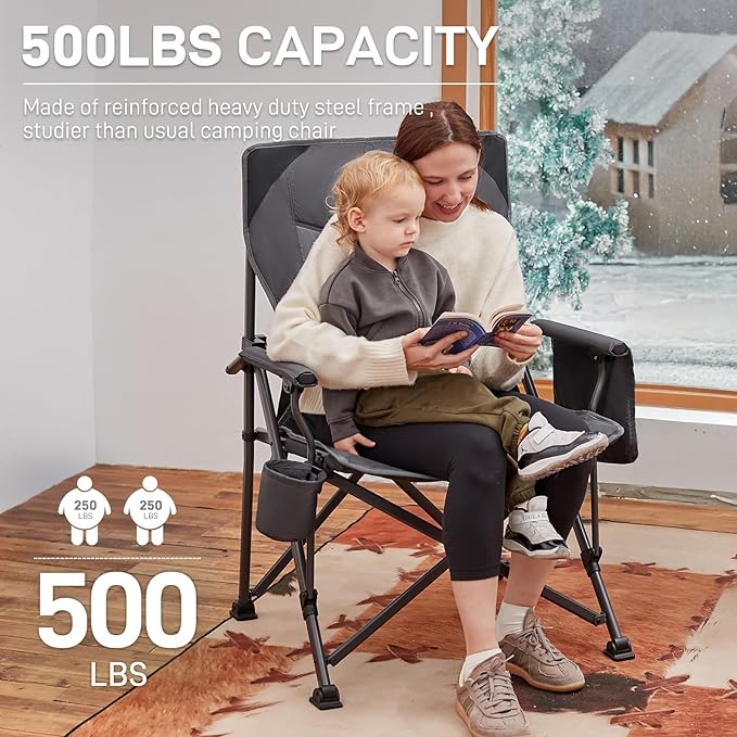 EVER ADVANCED Oversized Folding Camping Chair for Adults Heavy Duty Lawn Chair with Side Pockets Portable Collapsible Quad Chair for Outside Support Up to 500lbs Grey 2PACK