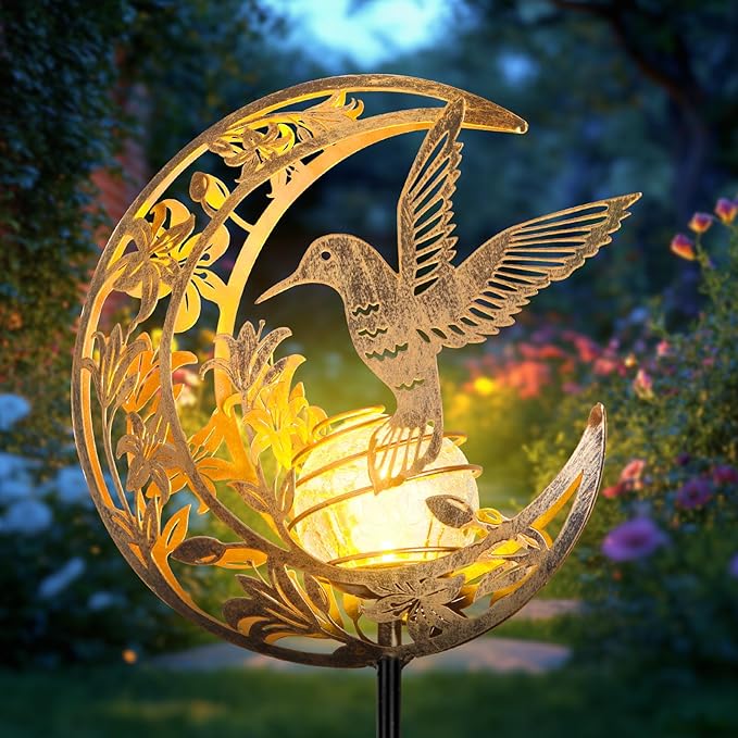 Solar Hummingbird Lights Outdoor Decor - Moon &amp Bird SolaGardenLights Waterproof Auto On/Off Pathway Lighting for Yard/Lawn/Patio Handcrafted Metal Solar-Stake-Lights for Outside Decorations