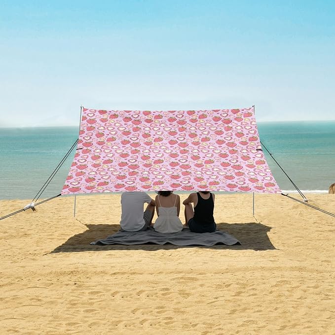 ALAZA Strawberry Hearts Beach Tent Sun Shelter UPF50+ Protection Beach Shade Canopy w/ 4 Sandbags for Outdoor Camping Fishing Backyard Fun Picnic 10x9 ft