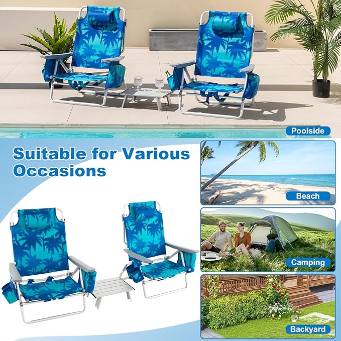 Giantex Folding Beach Chair Patio Sling Chairs with 5 Adjustable Position Head Pillow Storage Bag Towel Bar Cup Holders Backpack Chairs for Sunbathing Camping Chair