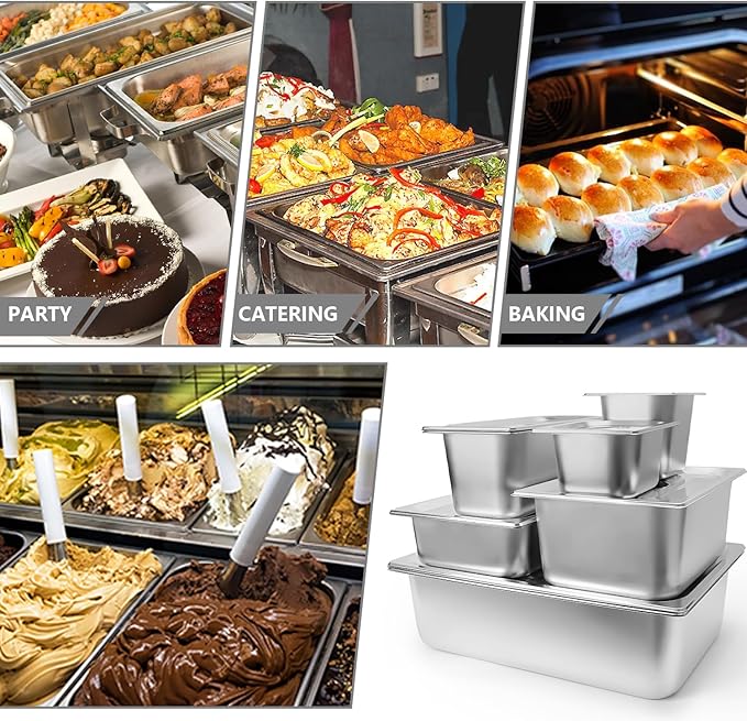 6 Set Stainless Steel Hotel Pans 1/6 Size 6 Inch Deep With Lids Anti-Jam Chafing Steam Table Pans Catering Food Storage Metal Pan