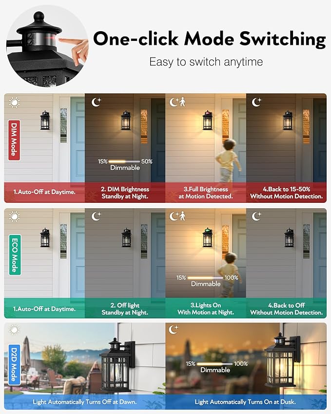 Motion Sensor Outdoor Light Adjustable Sensing Range 2 Pack Black Dusk to Dawn Exterior Lighting Fixtures with Seed Glass Aluminum Anti-Rust Outside Lights for House Garage Doorway Garden