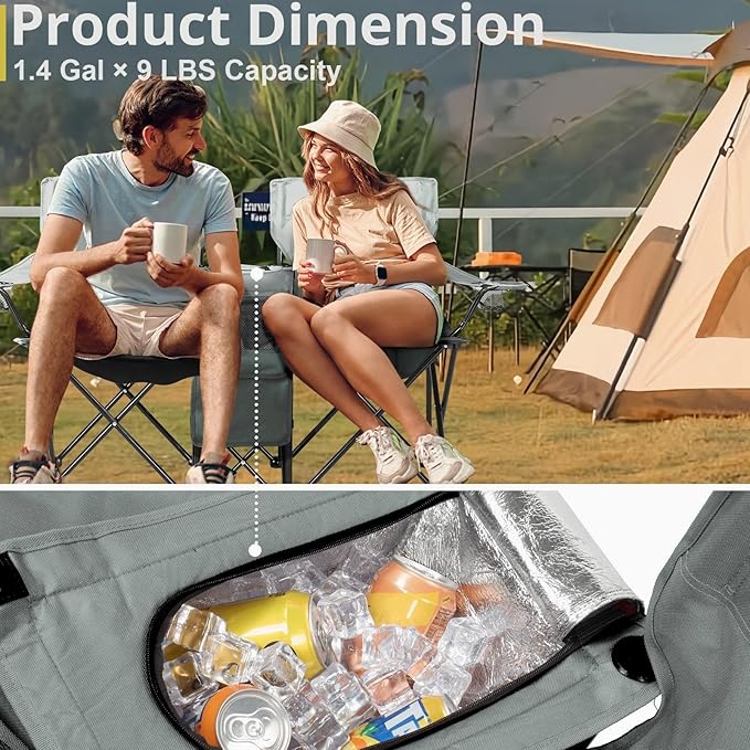 Double Camping Chair with Umbrella Portable Folding Beach Chairs Cup Holders Gray