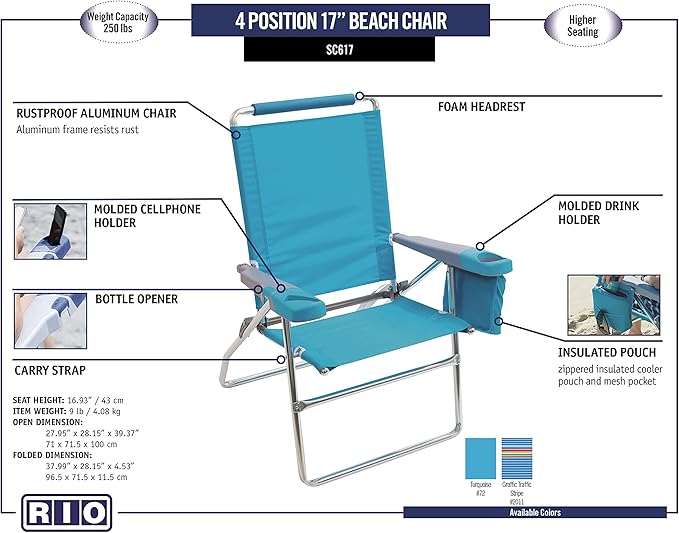 Rio Brands 17 Extended Height 4-Position Folding Beach Camping Lawn Chair Light Blue