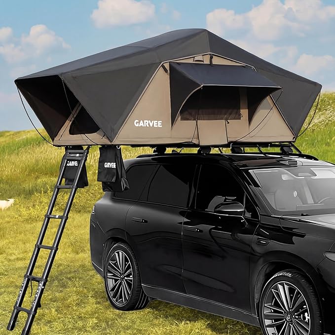 Garvee Rooftop Tent Soft Shell Easy Setup Roof Top Tent with Telescopic Ladder &amp LED Light Waterproof UV Resistant 4-Season Design for 2-3 Person Camping on Truck SUV Van Trailer