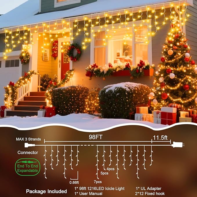 98 Ft Ice Lights for Outside 1216 LED Christmas Lights Outdoor Plug in Christmas String Lights with 8 Modes &amp Timer for Holiday Party Wedding House Patio Outdoor Decor(Warm White)