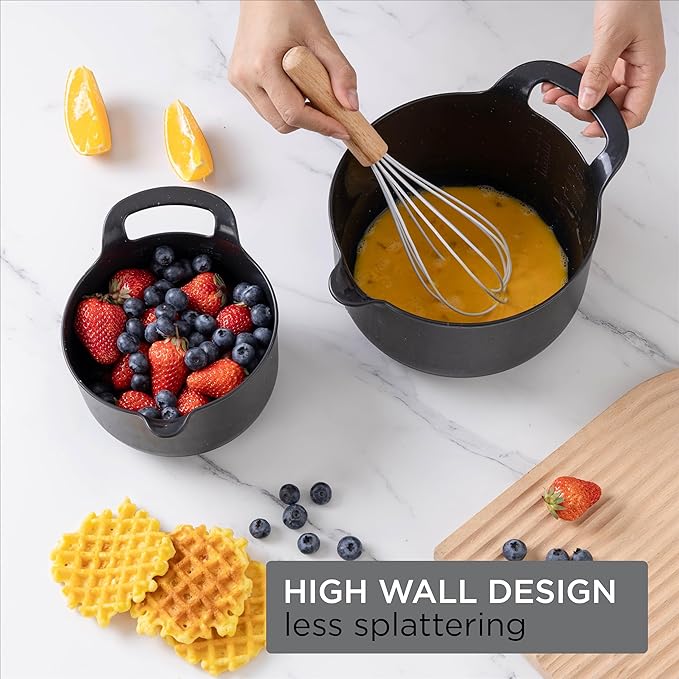 COOK WITH COLOR Nesting Plastic Mixing Bowl Set with Pour Spouts and Handles Black Speckled 4 Piece Non-Slip