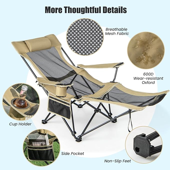 KOTEK Reclining Camping Chair Portable Lounge Chair with Removable Foot Rest Adjustable Backrest Cup Holder &amp Carry Bag Folding Camp Chair for Outdoor Traveling Fishing Hiking Picnic (1 Khaki