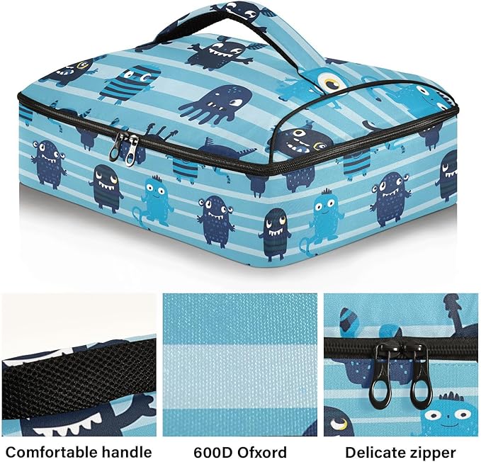 Casserole Carrier Cartoon Blue MonstersInsulated Casserole Carrier for Hot or Cold Food Thermal Lunch Tote for Potluck Parties Picnic Beach Fits 9 x 13 Inches Baking Dish