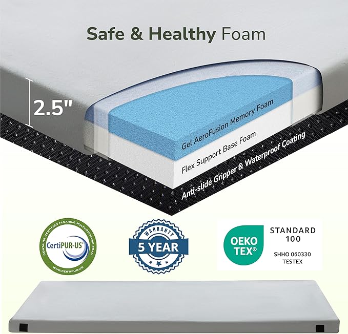 Memory Foam Camping Mattress 2.5 inch Kids Portable Roll Up Camping Sleep Topper with Waterproof and Non-Slip Bottom Camping Car Mat with Travel Bag 63×26×2.5 Grey