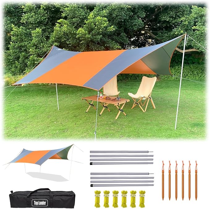 13.5 * 13.5ft Camping Tarp Shelter with Poles Large Tent Tarp Waterproof Rain Fly for Hammock Cover Bushcraft Picnic Backpacking Outdoor Survival