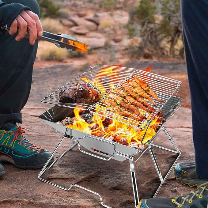 Odoland Folding Campfire Grill 304 Stainless Steel Grate Barbeque Grill Portable Camping Grill with Legs for Picnics Backpacking Outdoor with Carrying Bag and Kitchen Tongs