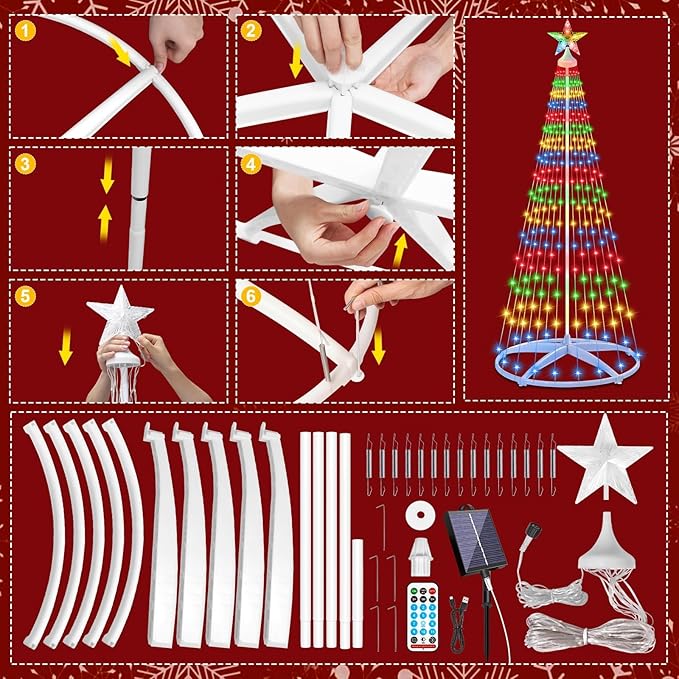 6ft Solar Powered Christmas Cone Tree Lights with Star Topper Outdoor Christmas Tree with 11 Modes Timer Remote Dimmable Waterproof for Yard Holiday Christmas Decoration Warm White &amp Multicolo