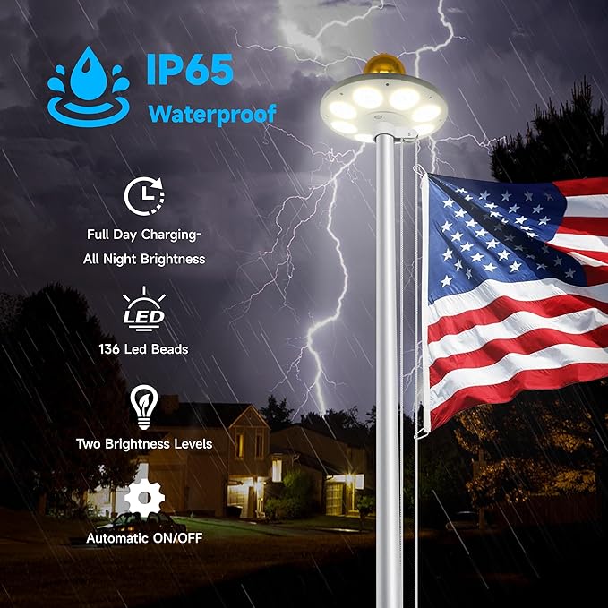 20FT Flag Pole Kit with Solar Light in Ground Heavy Duty Sectional Extra Thick Aluminum Flagpole Kit with 136 Led Flag Light Solar Powered Flag Included