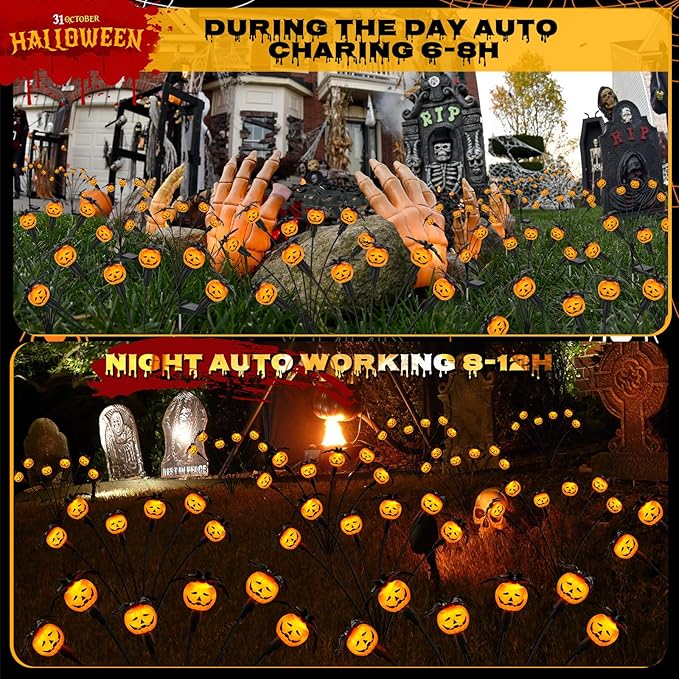 Halloween Decorations Outdoor 4 Pack Solar Lights 24 LED Scary Pumpkin Swaying Firefly Lights with Spider &amp Bats for Outside Garden Yard Lawn Grave Cemetery Ghost Decor Party Orange