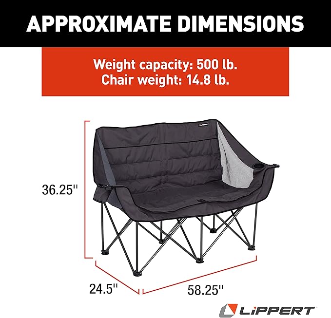 Lippert Campfire Folding Loveseat with 500-lb. Weight Capacity Carry Bag Durable Mesh Fabrics High-Loft Cushioning Storage Pocket Dual Cupholders Stemmed Wine Glass Holder (Grey) - 2021000206