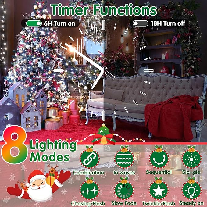 XURISEN 403FT 1000 LED String Lights Outdoor Green Wire Christmas Lights 8 Modes &amp Timer Waterproof Fairy Lights Plug in for Party Wedding Yard Garden Indoor/Outdoor Decorations(Cool White)