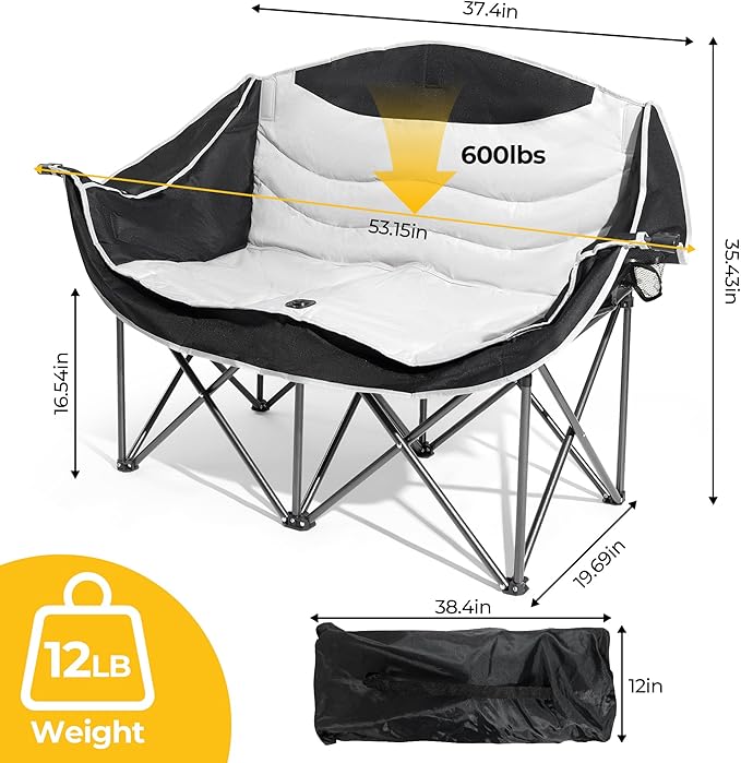 Double Camping ChairsOversized Foldable Camping Chairs with Cup Holders Heavy Duty Loveseat Couch for Adults Suitable for Indoor Outdoor Beach Support 600 lbs（Black/White）