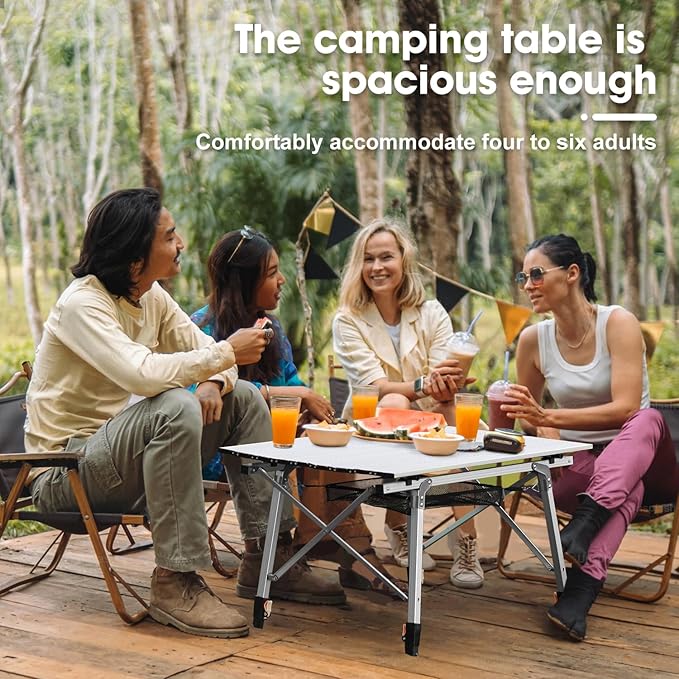 ERYTLLY Folding Camping Table Outdoor Portable Picnic Table with Adjustable Legs Lightweight Aluminum Beach Table with Roll Up Table Top and Mesh Layer for Backyards BBQ and Party