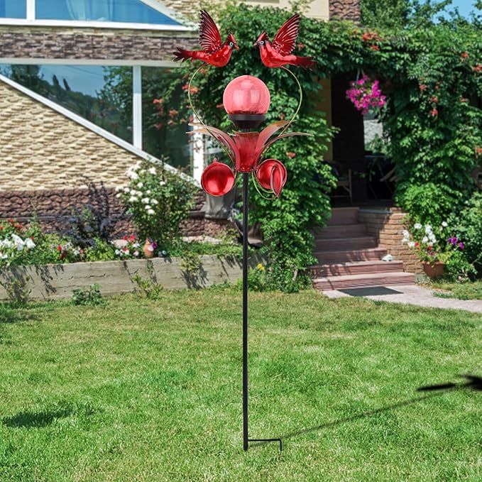 VCUTEKA Cardinal Solar Lights Outdoor Metal Garden Stake Waterproof Crackle Glass Globe Garden Decor Cardinal for Pathway Lawn Patio Yard