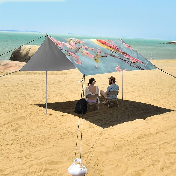 Beautiful Bird Beach Tent Sun Shelter 9.2' x 10.5' Beach Canopy with 4 Sandbags 4 Stability Poles Sand Shovels - Tent Canopy for Beach Camping Fishing Picnics