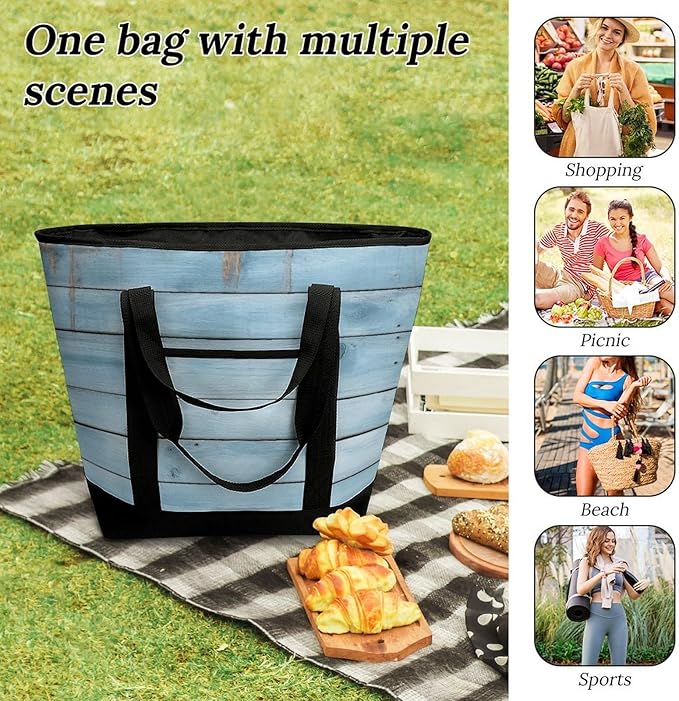 Insulated Shopping BagLarge Reusable Cooler Bags Blue Wood Printed Foldable Shopping BagTravel Waterproof Shoulder Bag