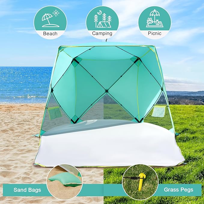Old Bahama Bay Pop Up Beach Tent Portable Shade Sun Shelter UPF50+ UV Protection for 4 Person Extendable Floor for Fishing Hiking Camping Waterproof Windproof（Mint Green