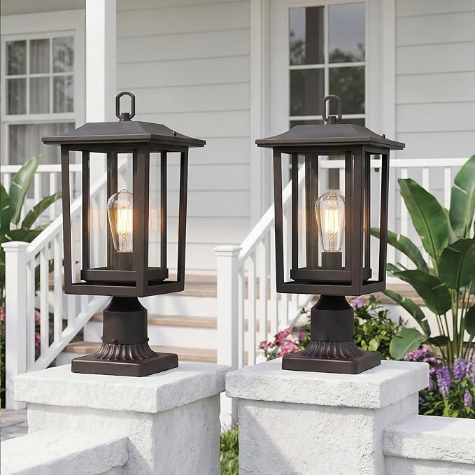 Beionxii Oil Rubbed Bronze Outdoor Post Lights 2 Pack 19In Lamp Post Light Fixture for Outside with Pier Mount Base Waterproof Aluminum HousingORB Column Mount Light(Hardwired 120V)BXA197-P-2P-ORB